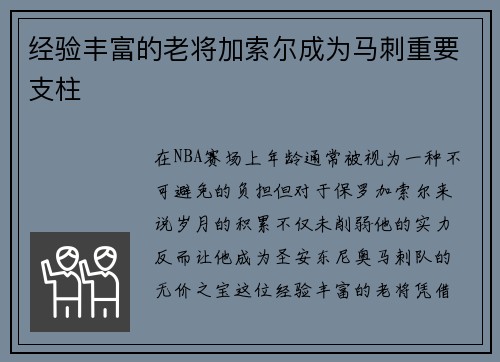 经验丰富的老将加索尔成为马刺重要支柱