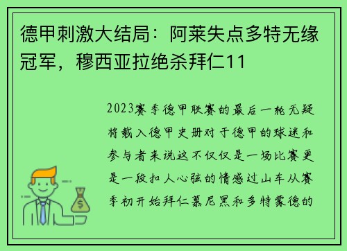 德甲刺激大结局：阿莱失点多特无缘冠军，穆西亚拉绝杀拜仁11